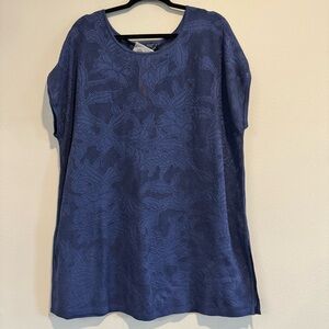 Peruvian Connection Sapphire Bermuda Tunic Top Mesh Floral Boho Lagenlook XL NWT